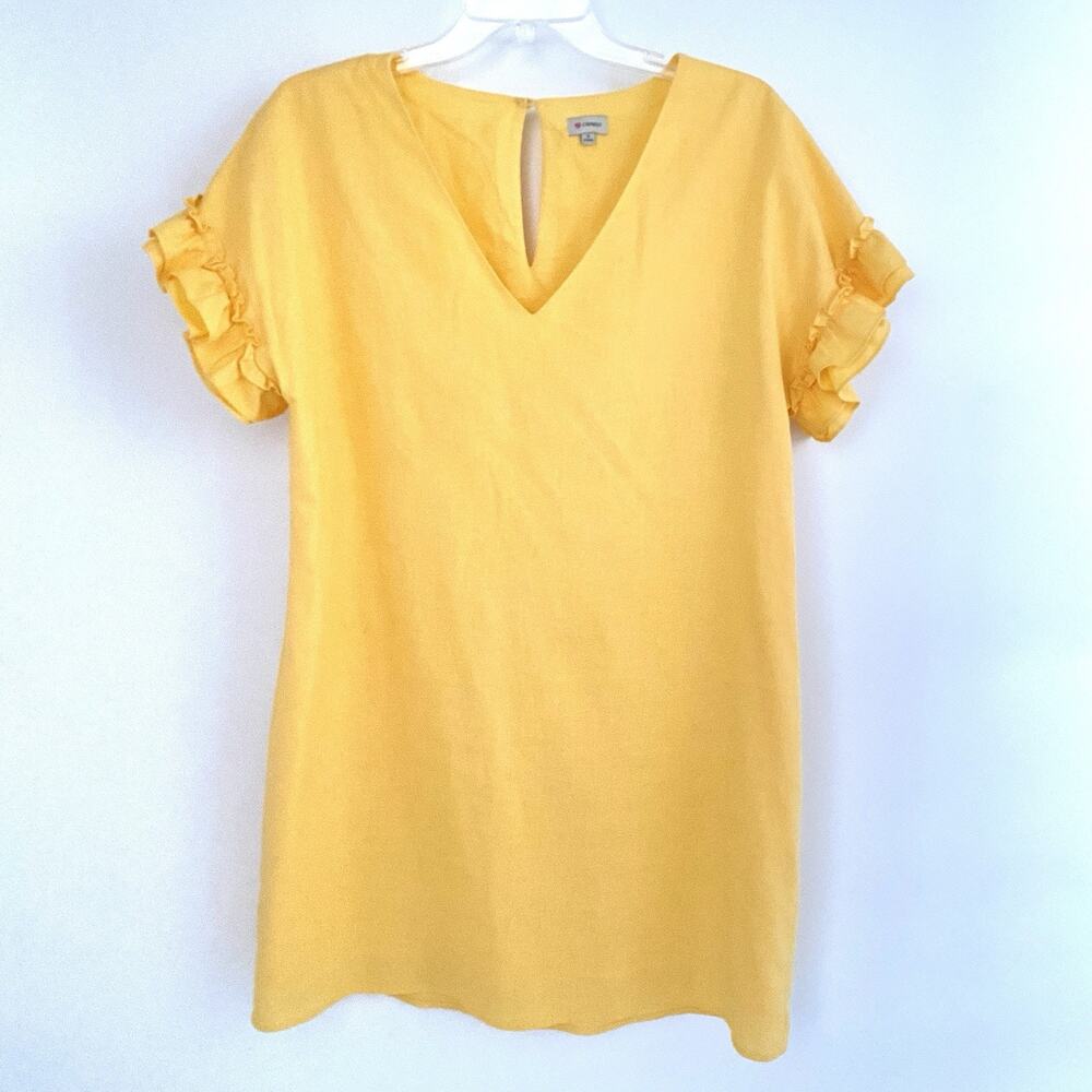 Womens Linen Blend Shift Dress Ruffle Short Sleeve Yellow Size S